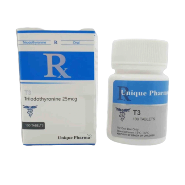 Doosje met een potje T3 van Unique Pharma, een schildklierhormoon voor verbeterde vetverbranding en stofwisseling.