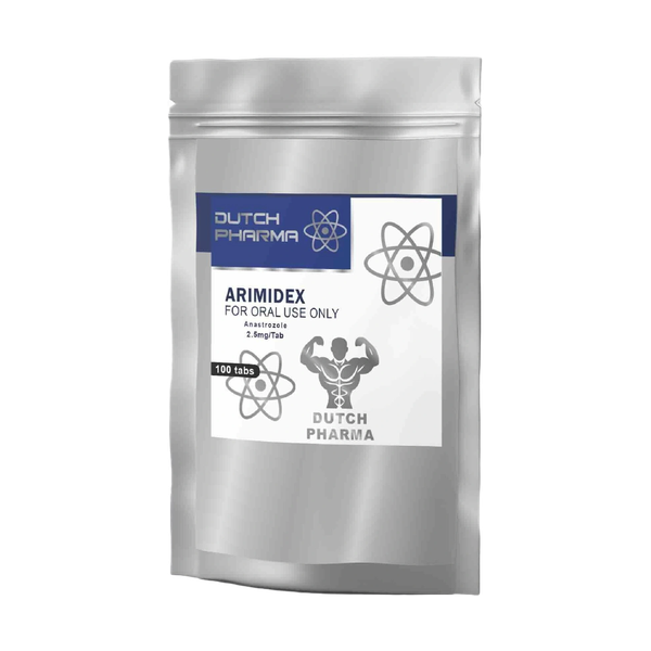 Verpakking met Arimidex 1 mg tabletten van Dutch Pharma, een aromataseremmer voor het verlagen van oestrogeenniveaus.