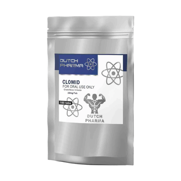 Verpakking met Clomid 25 mg tabletten van Dutch Pharma, gebruikt voor hormonale balans en herstel na steroïdegebruik.