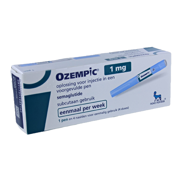 Afbeelding van een doosje Ozempic 1 mg, een injectiepen voor de behandeling van type 2 diabetes en gewichtsbeheersing.