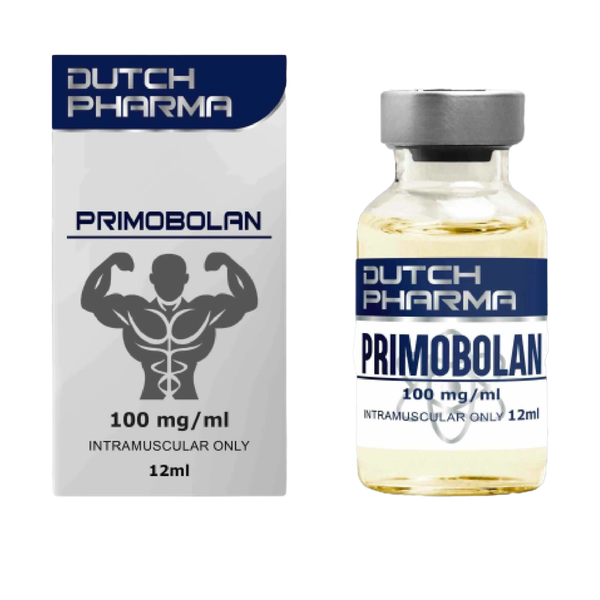 Afbeelding van een doosje en een vial Primobolan van Dutch Pharma, een injecteerbare anabole steroïde voor spieropbouw en vetverlies.