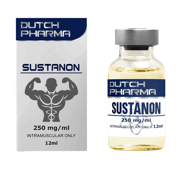 Afbeelding van een doosje en een vial Sustanon van Dutch Pharma, een testosteroninjectie voor hormoonvervanging en spiergroei.