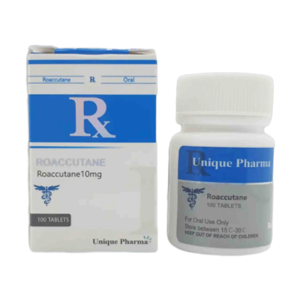 Afbeelding van een doosje en een potje Roaccutane van Unique Pharma, een medicijn met isotretinoïne voor de behandeling van ernstige acne.