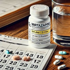 Een potje Mirtazapine met losse tabletten op de voorgrond, symboliserend medicatiegebruik bij depressie en slapeloosheid.